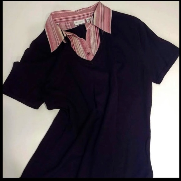 Burgundy Striped Shirt Sweater Combo Top - Picture 2 of 4